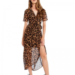 Heet verkoop dame mode luipaardprint wrap lange jurk